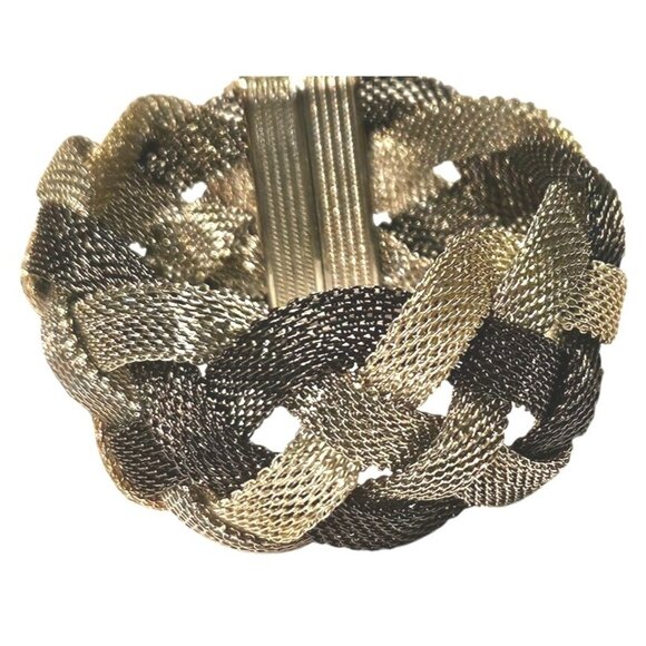 Vintage Bracelet Braided Two-Tone Black Silver Mesh With Magnetic Clasp - Picture 1 of 9